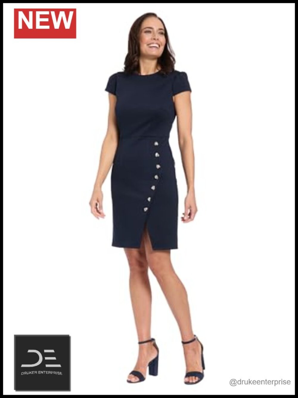 Short Sleeve Round Neck Sheath Work Dress Button Detail